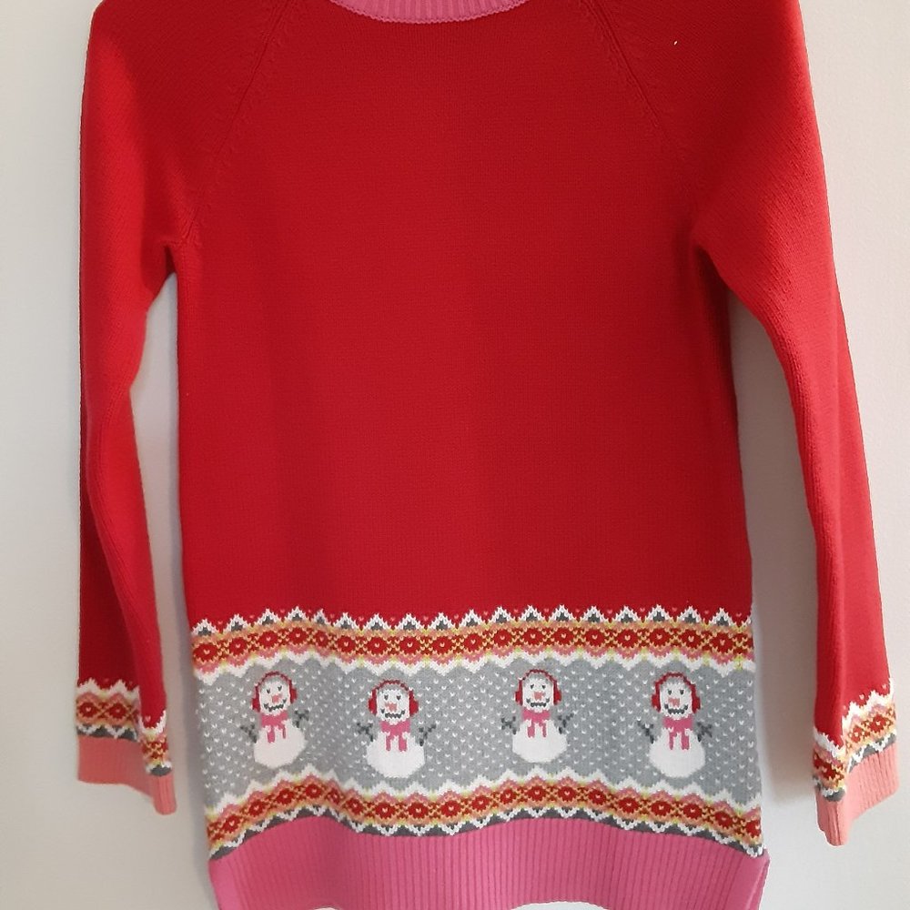 LAND'S END GIRLS SWEATER DRESS RED PINK WITH SNOWMEN MEDIUM 10-12 NWT CHRISTMAS